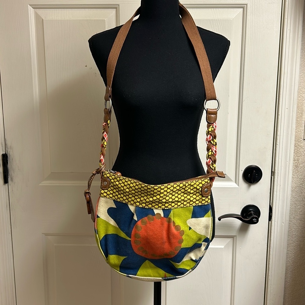 Fossil Canvas Crossbody Purse Floral Print Shoulder Bag with Wooden Key 10" x 12